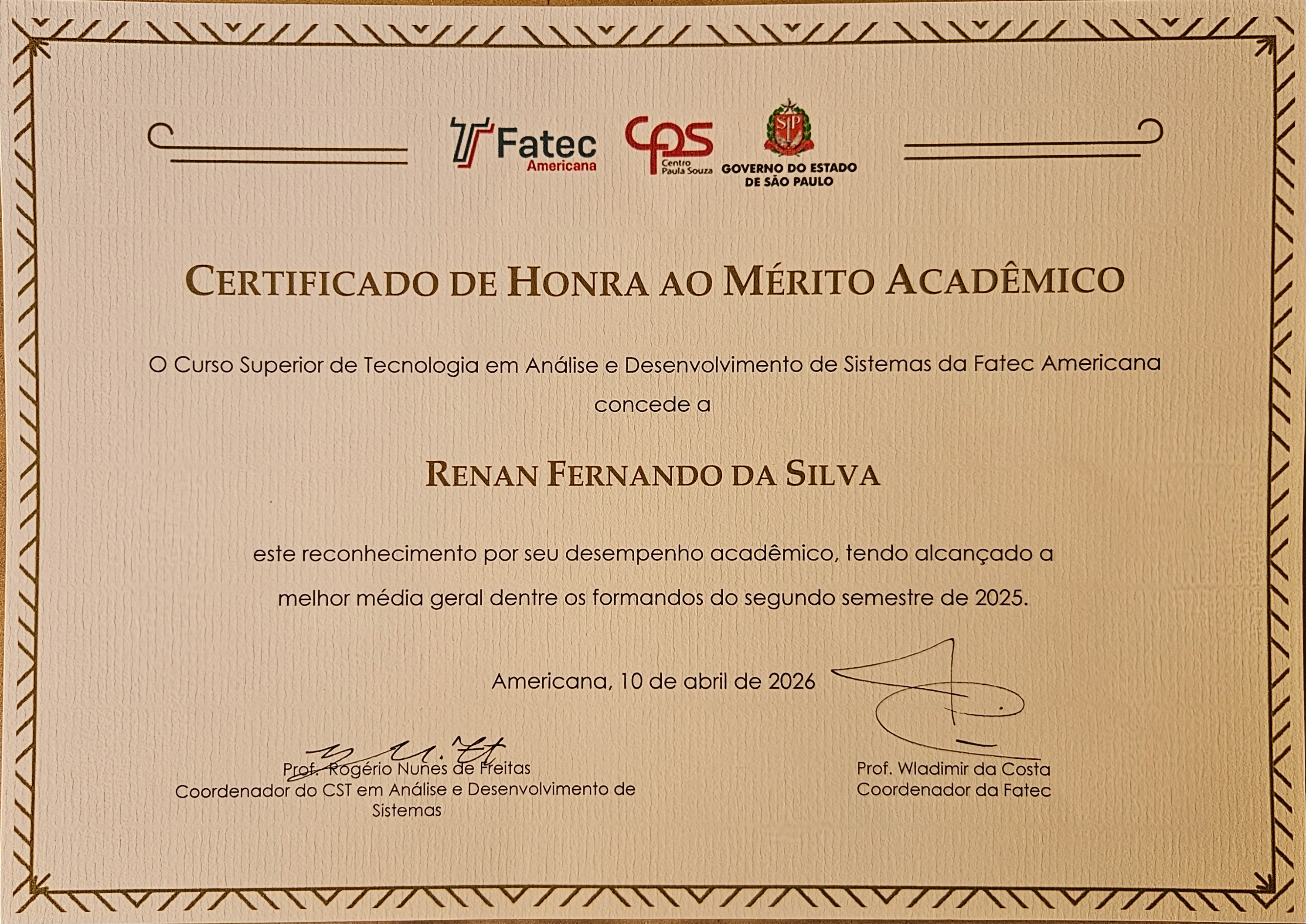 Certificado de Honra ao Mérito Acadêmico